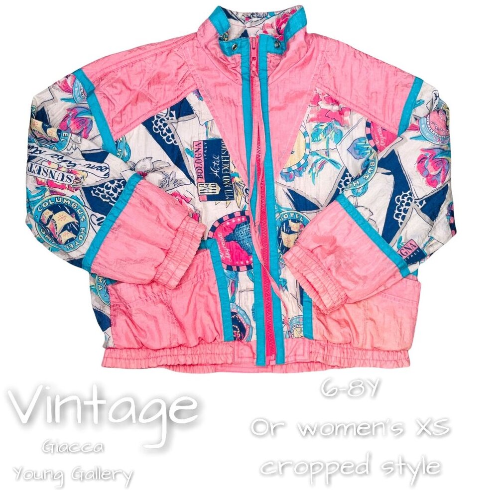 Vintage Girls Pink Postcard Print Bomber Windbreaker Tracksuit Jacket 6-8 / XS